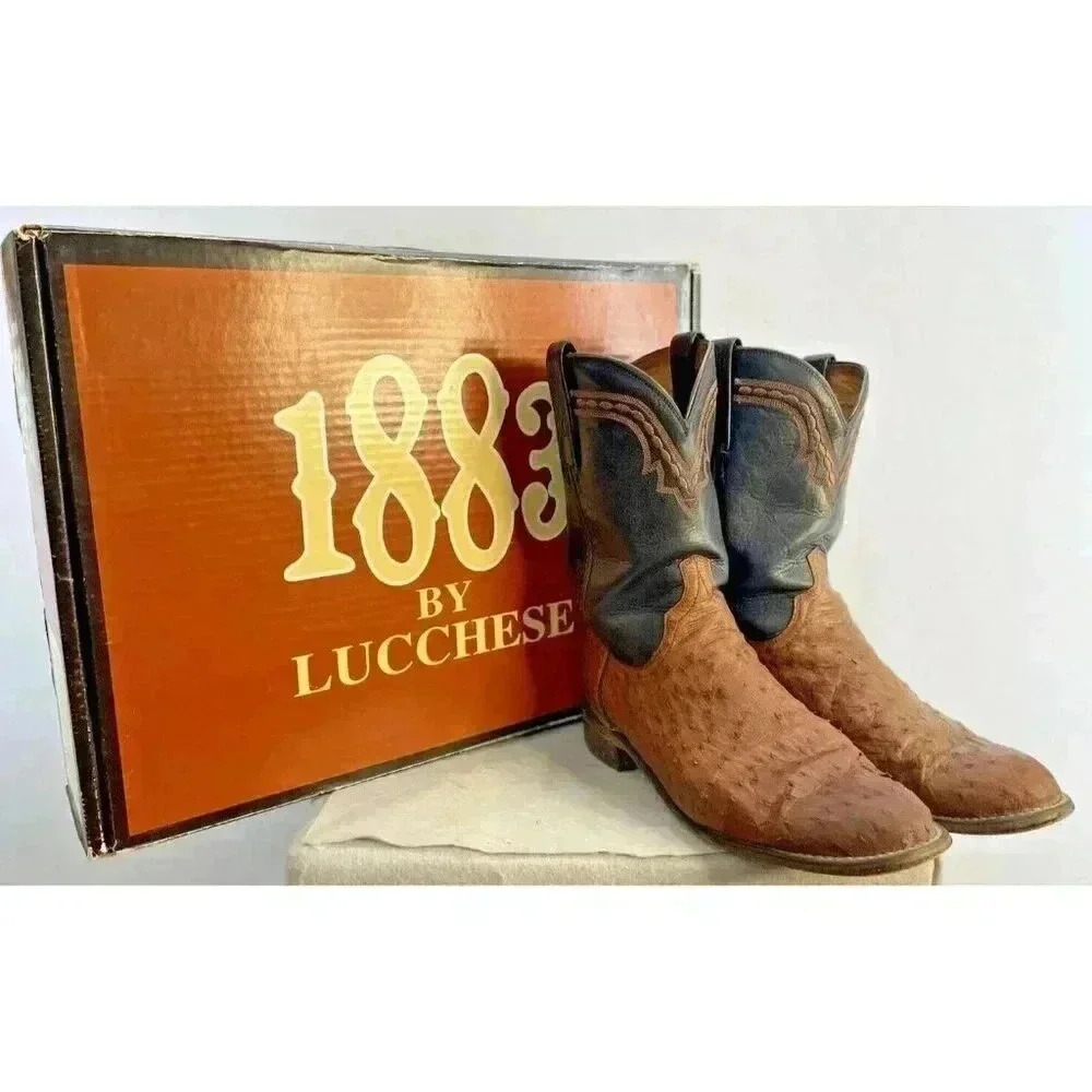 Lucchese 1883 Full Quill Ostrich Western Chocolate Peanut Brittle Boots 9D